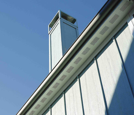 Looking up toward the underside of a roofline showing neat clean soffit.