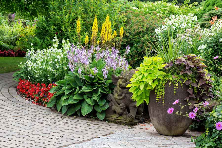 detail of a beautiful garden with an interlocking stone walkway to accent house siding options