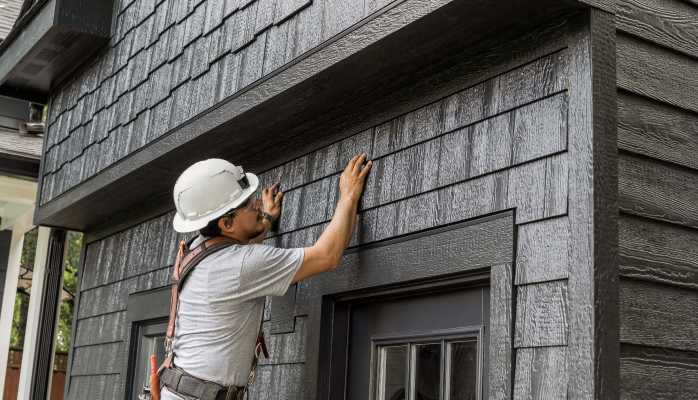 Un travailleur portant un casque inspecte des bardeaux noirs appliqués sur le mur extérieur d’une maison.